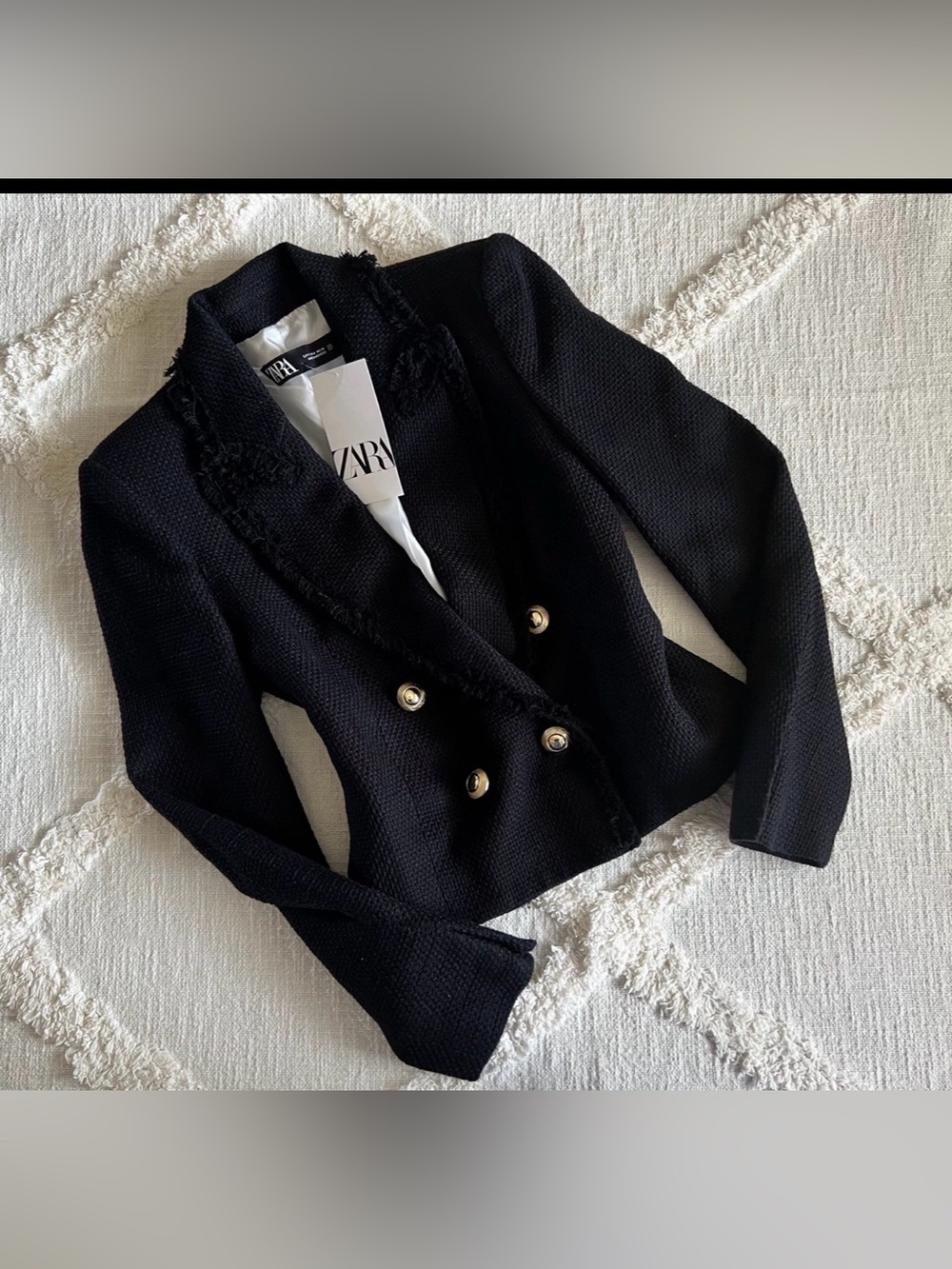 Zara Black Double-Breasted Frayed-Trim Blazer with Gold Buttons - Picture 1 of 6